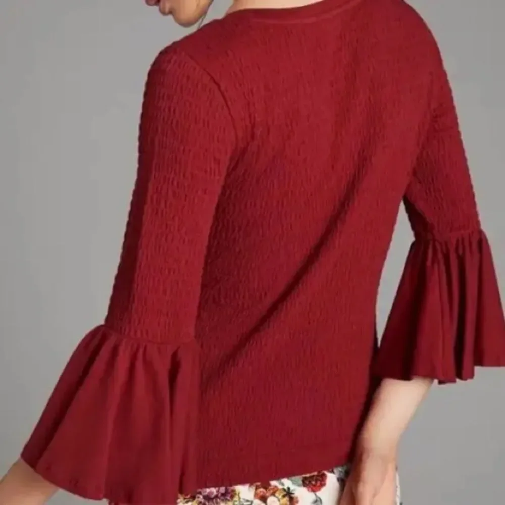 Anthropologie Rust Red Smocked Ruffle Bell Sleeve Top Size M Cotton Stretch